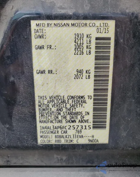 2015 Nissan Altima 2.5 from USA, damaged, VIN 1N4AL3AP6FC257315